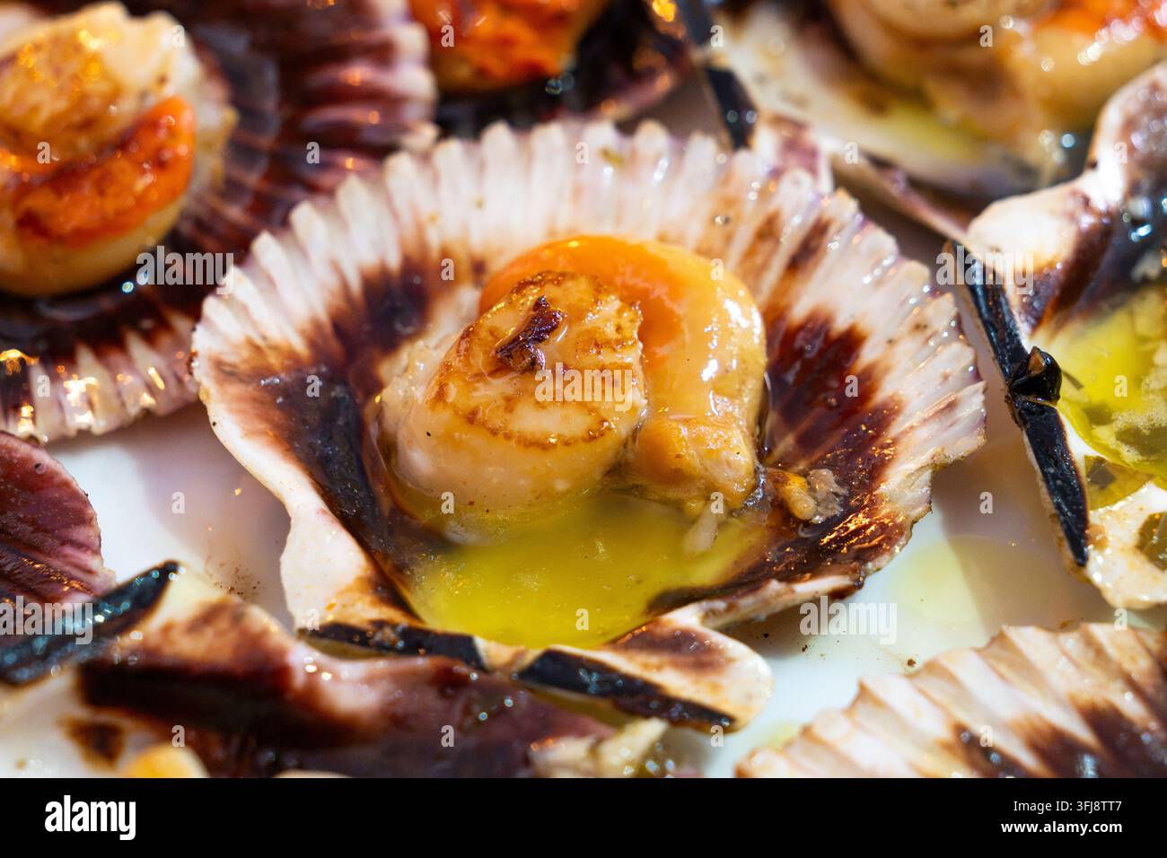 Preparazione di capesante con burro o olio, servendo un delizioso antipasto o piatto principale di frutti di mare, mostrando la perfezione culinaria Foto Stock