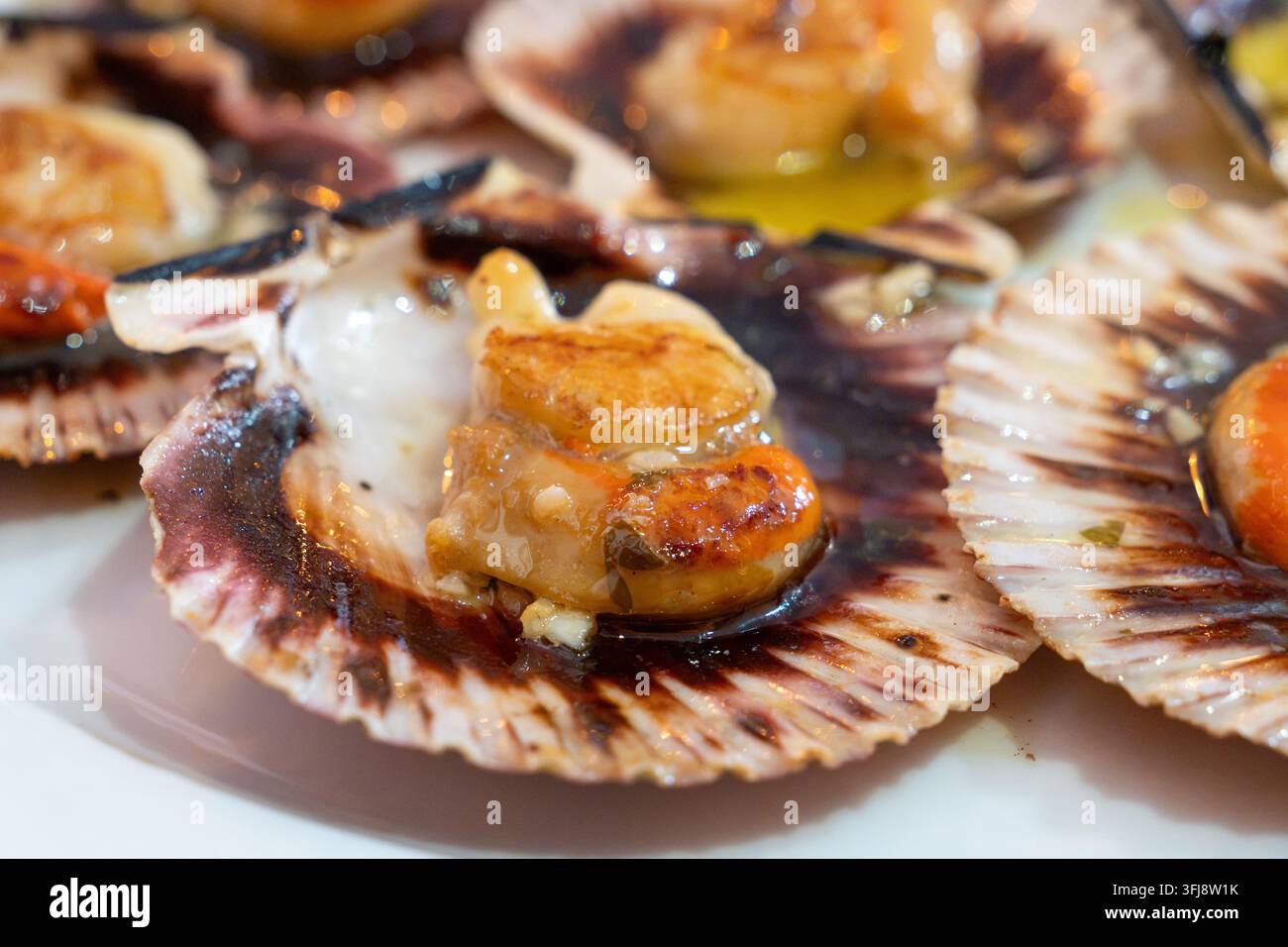 Capasole cotte con olio ed erbe, offrendo un'esperienza gastronomica di frutti di mare. Perfetto per i contenuti culinari Foto Stock