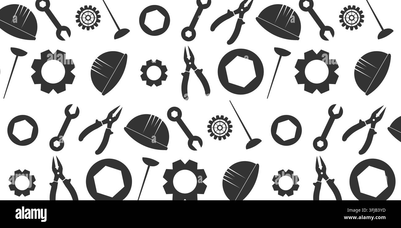 Uno sfondo a motivi professionali con strumenti edili e da tuttofare in stile line art pulito e glifi solidi. Perfetto per il branding industriale, Illustrazione Vettoriale
