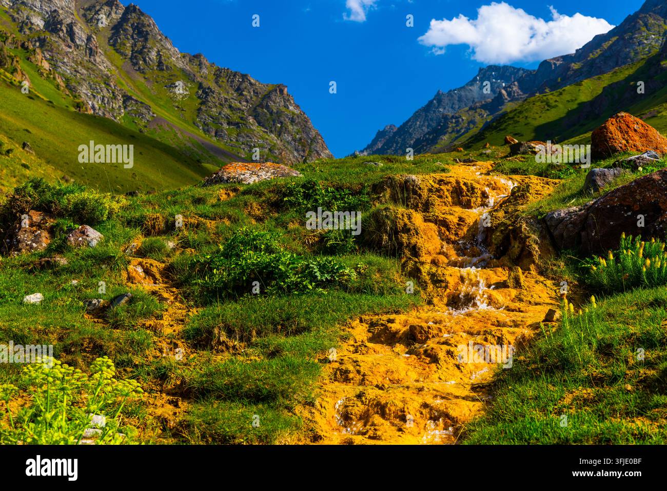 Una cascata ricca di minerali mozzafiato scende su rocce gialle nel Kirghizistan. Circondata da erba verde e montagne aspre sotto un cielo blu terso, thi Foto Stock