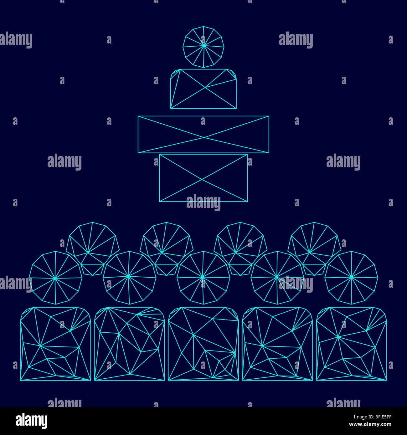 Relatore davanti al pubblico con triangolazione a bassa poligonale, immagine vettoriale triangolata polygonale elettricamente ciano blu, vibrante aqua neon Illustrazione Vettoriale