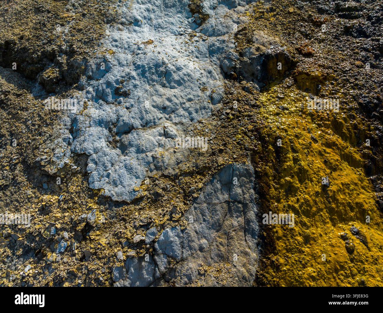 Vista ravvicinata di un deposito minerale con formazioni di sale grigio-bianco vicino a una fuoriuscita di ferro e uno strato batterico ossidante di ferro arancione. Texture e crepe alte Foto Stock