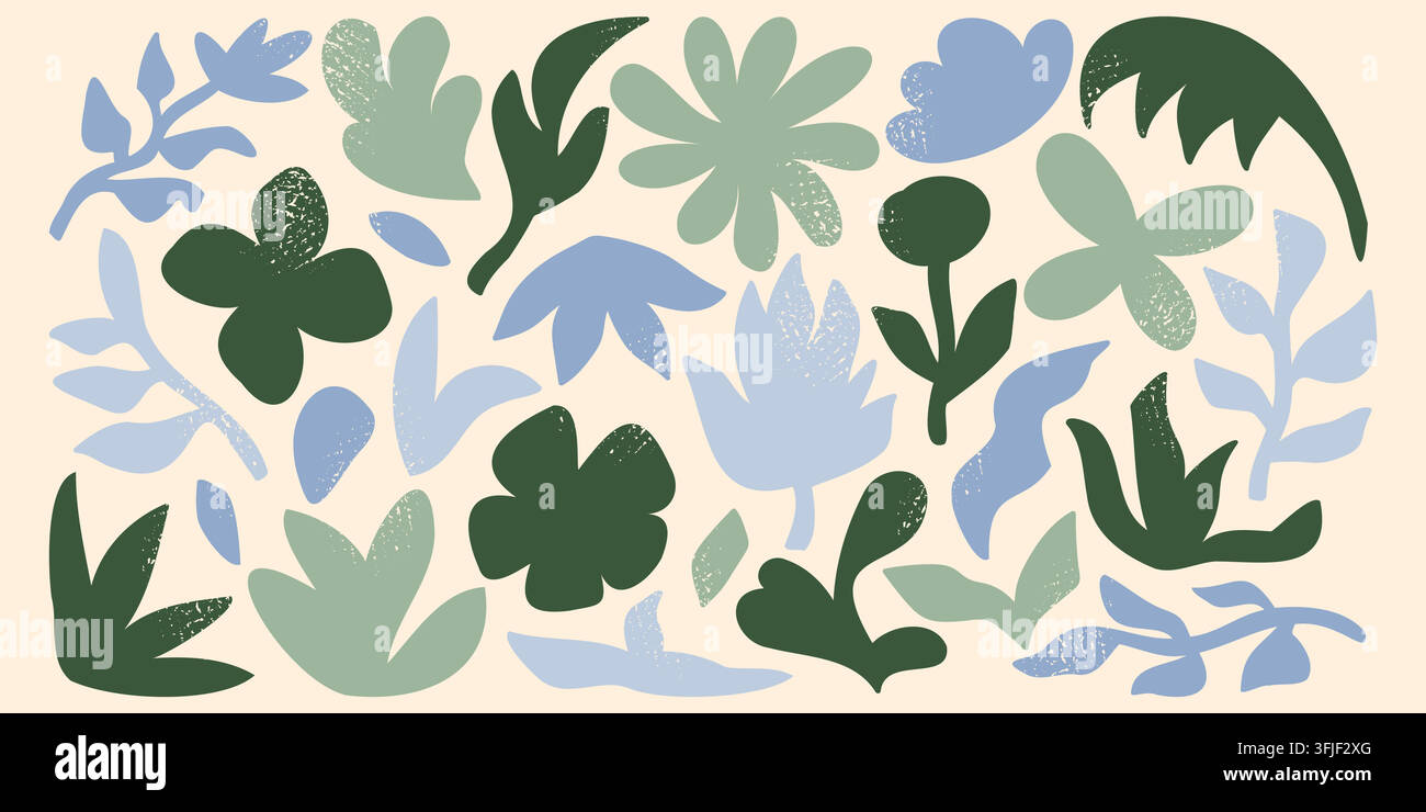 Set floreale astratto con fiori, foglie e forme botaniche texture disegnate a mano, in toni di blu morbido, verde salvia e crema, isolati su sfondo bianco, illustrazione vettoriale Illustrazione Vettoriale