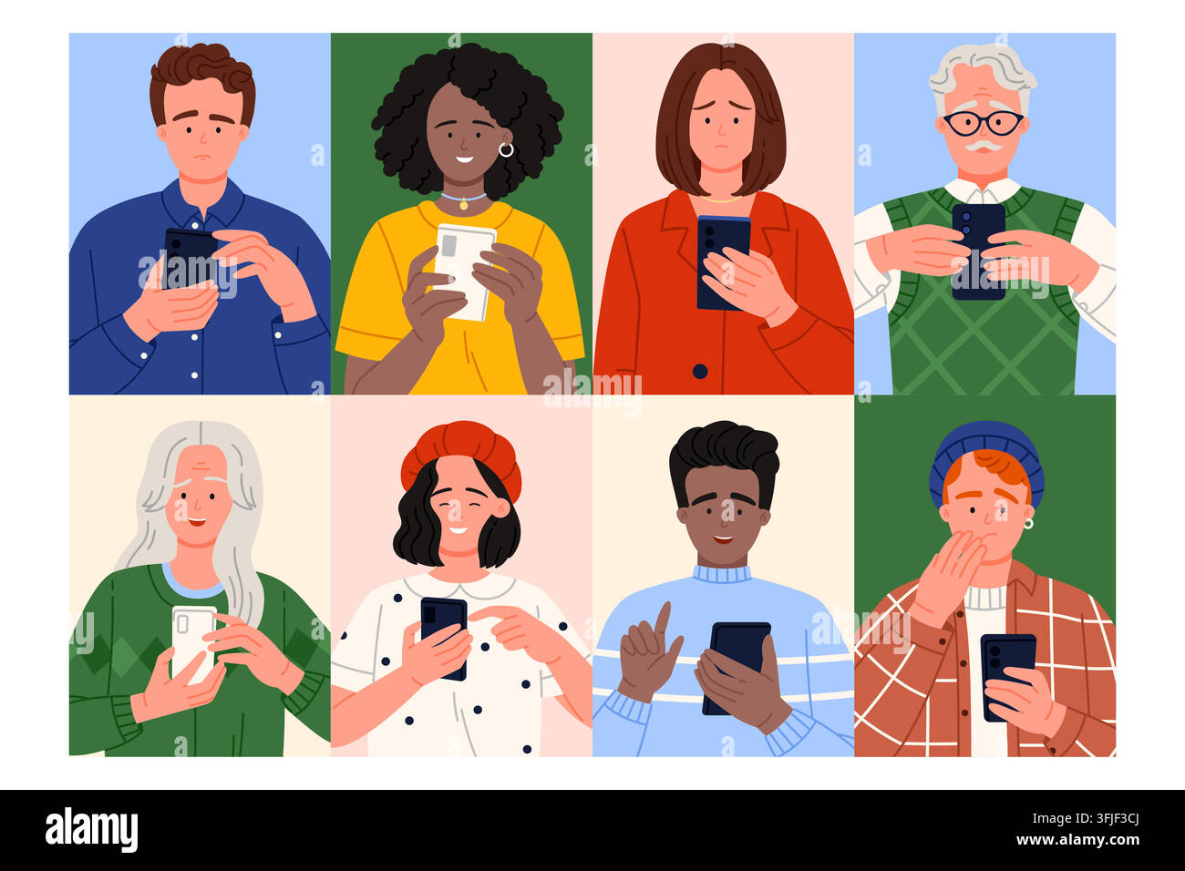 Collezione di uomini e donne diversificati che reagiscono ai messaggi del telefono cellulare con espressioni felici, tristi, sorprese e pensierose in stile piatto colorato isolato su sfondo bianco illustrazione vettoriale Illustrazione Vettoriale