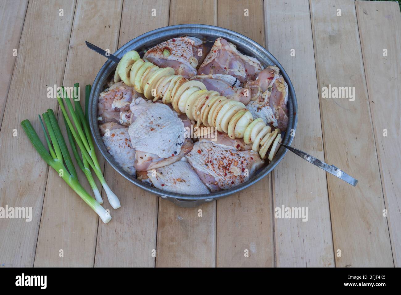 Pollo crudo speziato con aglio e anelli di cipolla disposti in una ciotola di metallo, pronto per essere cotto su spiedini su un barbecue all'aperto. Foto Stock