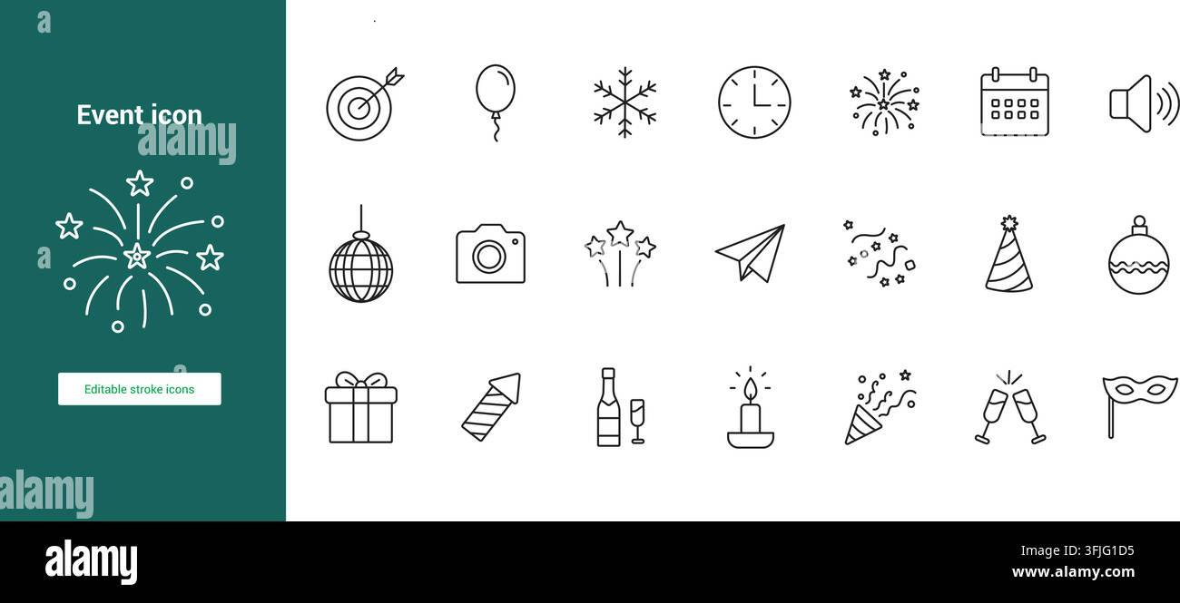 Gestione di eventi, Celebrazione, Conferenza, Festa e Occasioni Speciali Set di icone lineari Illustrazione Vettoriale