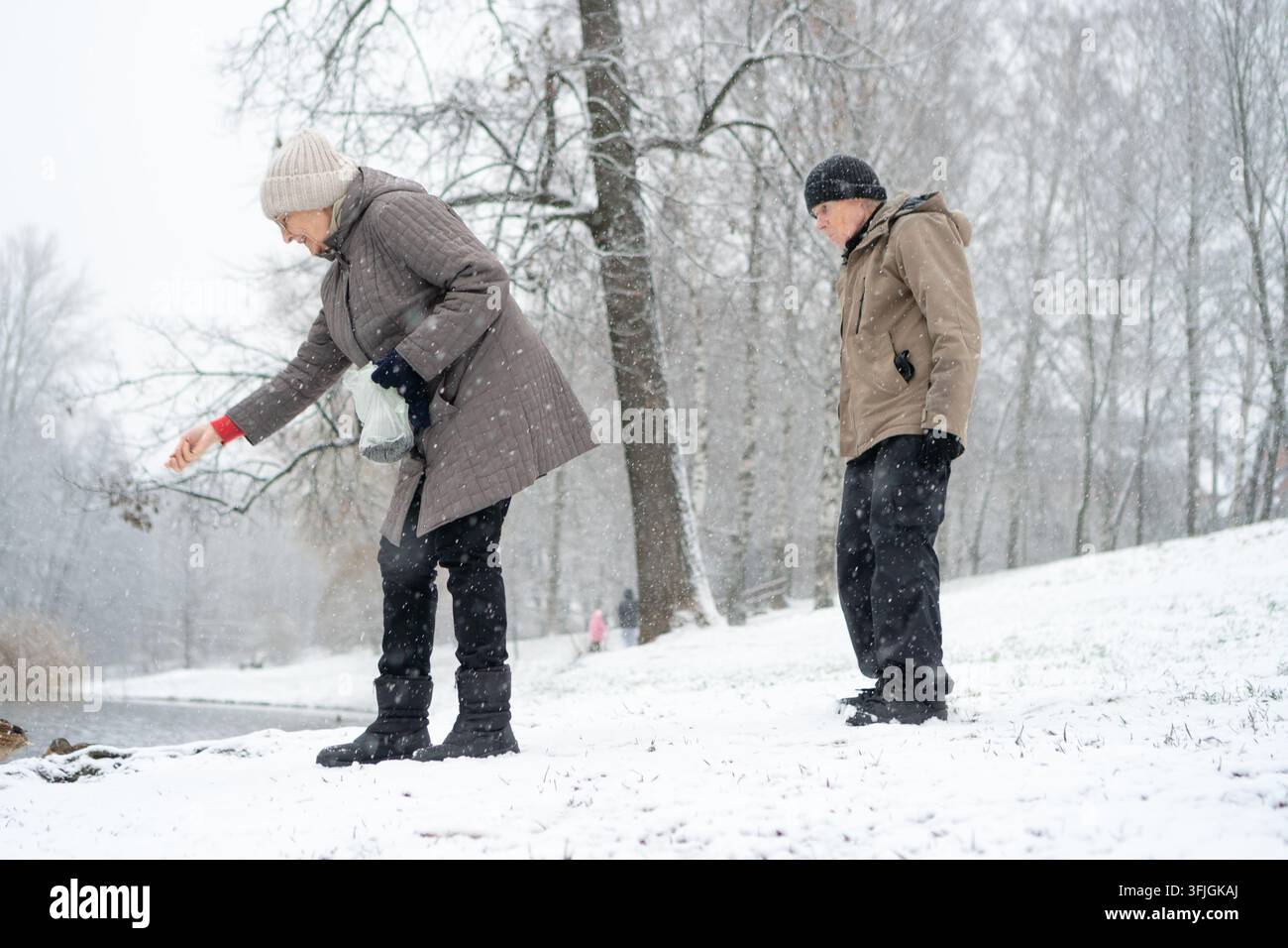 Coppia di pensionati con cibo pronto per nutrire le anatre invernali. Coppia matura e custodi di animali mostrano tenerezza e attenzione al primo passo per il nutrimento. Nutritori di anatre su terreno innevato in un'atmosfera gentile e premurosa Foto Stock