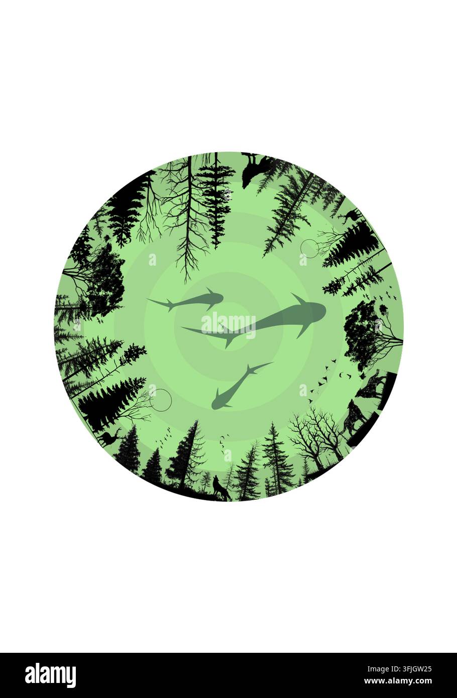 Arte concettuale di natura surrealista con silhouette di alberi della foresta, animali selvatici e squali in un cerchio verde Foto Stock