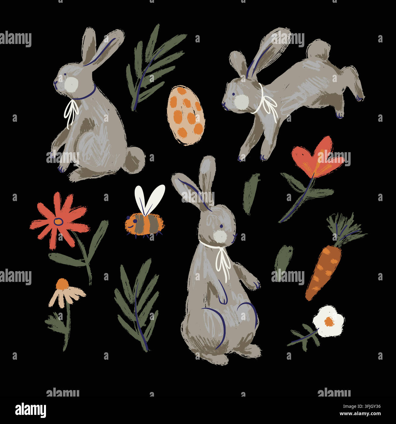 Coniglietti di Pasqua dipinti a mano, fiori, carota, uovo ed elementi di api isolati su nero Illustrazione Vettoriale
