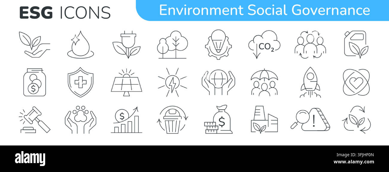 Set di icone ESG. Raccolta di tratti sottili modificabili per la governance sociale ambientale. Concetto di responsabilità ambientale con energia rinnovabile, protezione globale, riciclaggio, riduzione dell'anidride carbonica Illustrazione Vettoriale