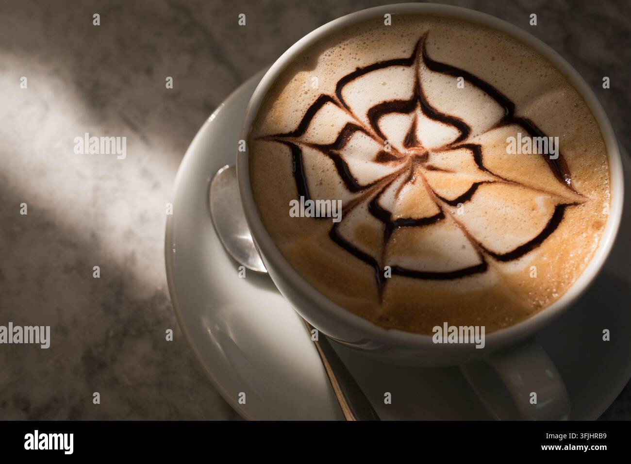 In un caffè soleggiato, un barista crea un cappuccino con un intricato disegno di cioccolato per deliziare un cliente con caffè artigianale. Foto Stock