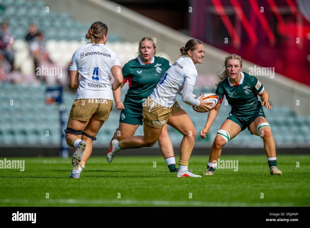 Premiership Women's Rugby, PWR, Leicester Tigers (Verde scuro) contro Saracens Women (Bianco), Mattioli Woods Welford Road, Leicestershire, Inghilterra, Regno Unito 19 Foto Stock