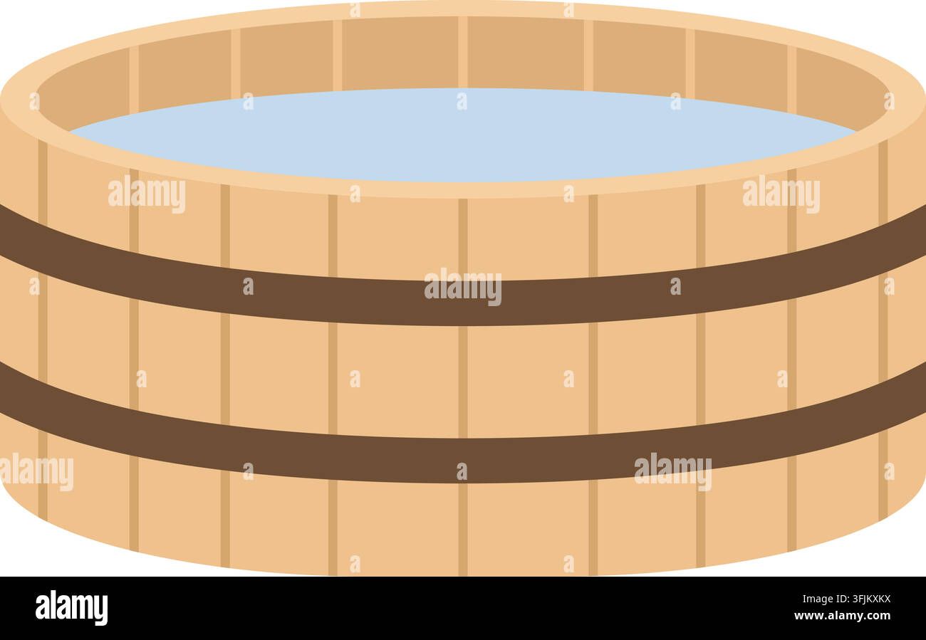 Illustrazione piatta di una vasca da bagno in legno circolare con acqua azzurra, assi di legno orizzontali e due bande di rinforzo scure Illustrazione Vettoriale