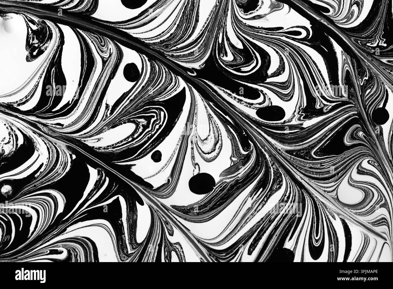 Motivo di pittura ebru monocromatico in bianco e nero con vortici densi simili a piume e linee dinamiche fluide Foto Stock