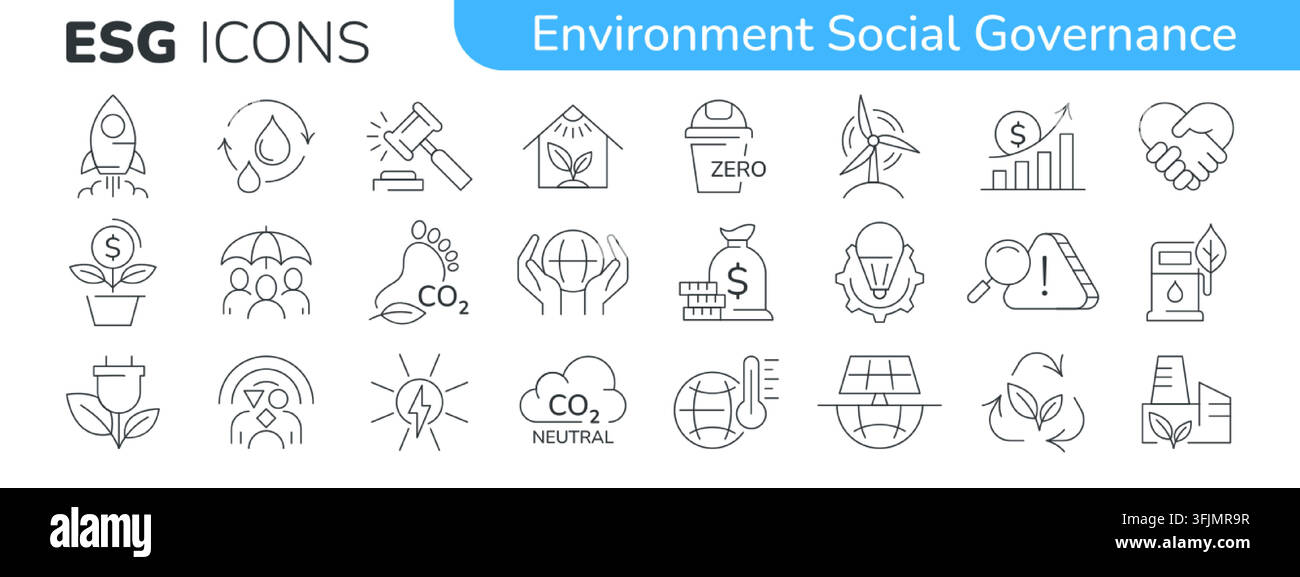 Set di icone ESG. Collezioni di contorni editabili a tratto di governance sociale ambientale. Responsabilità ambientale con energia rinnovabile, protezione globale, pannello solare, riciclaggio, riduzione dell'anidride carbonica Illustrazione Vettoriale