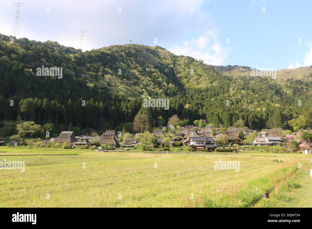 Case tradizionali con tetto di paglia in un villaggio di montagna rurale giapponese Foto Stock