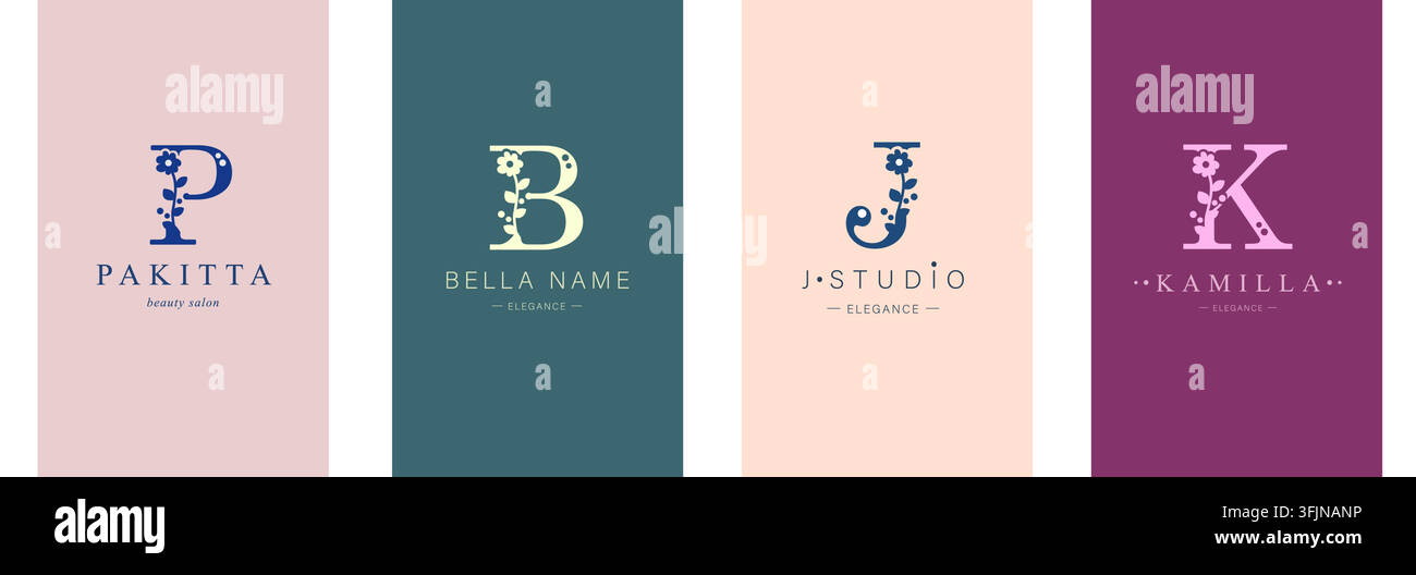 Logo P, J, lettera maiuscola B, K. Monogramma di Botanico Minimalistico, Iniziale. con elementi vegetali organici. Illustrazione Vettoriale