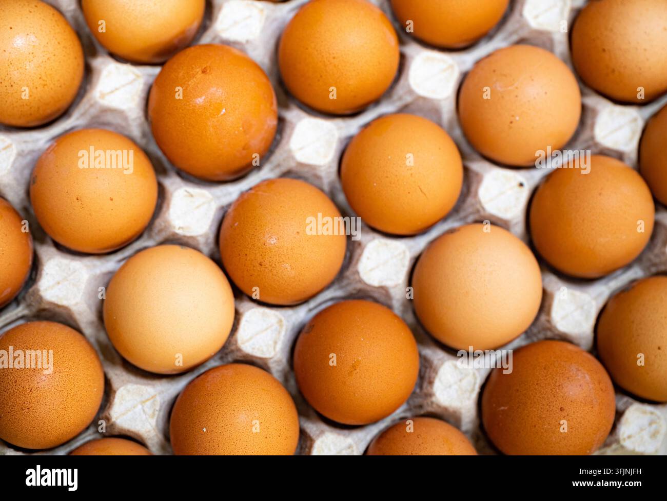 Uova di pollo fresche bianche naturali in celle sul tavolo Foto Stock