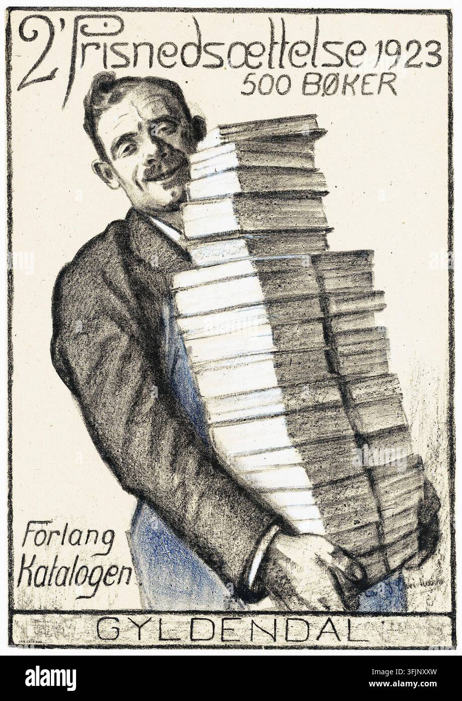Una pubblicità del 1923 per la casa editrice Gyldendal, illustrata da Hans Bendix, raffigura un uomo sorridente con i baffi che porta una pila altissima di libri. Il testo, in danese, annuncia una “2. Riduzione di prezzo 1923, 500 libri” e invita i lettori a “Richiedi il catalogo.” Foto Stock