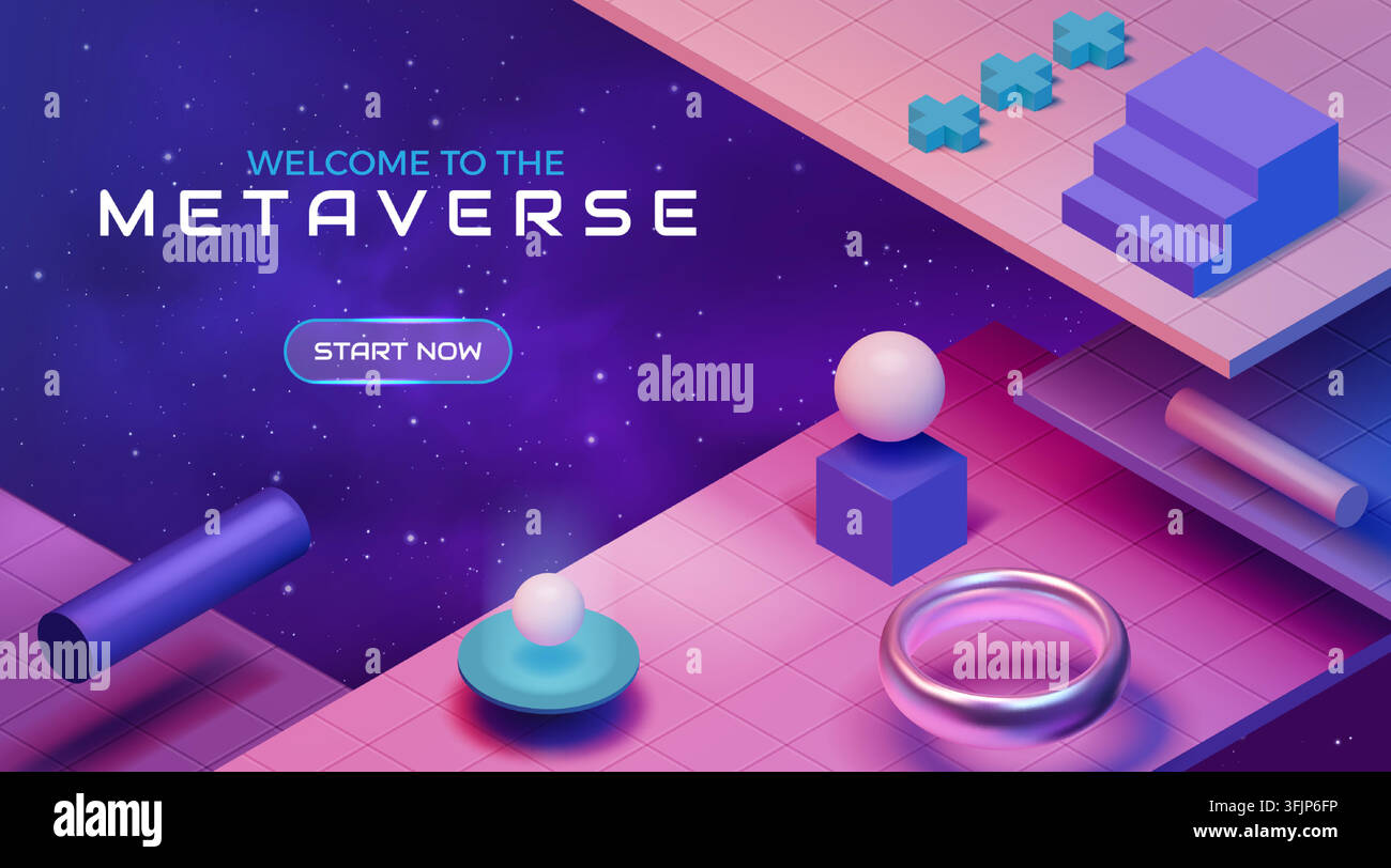 Metaverso isometrico. Mondo di gioco 3D, tecnologia spaziale VR geometrica o piattaforma cyber futura. Oggetti astratti al neon del cyberspazio futuristico. Progettazione dello sfondo, scena dello spazio digitale. Illustrazione vettoriale Illustrazione Vettoriale