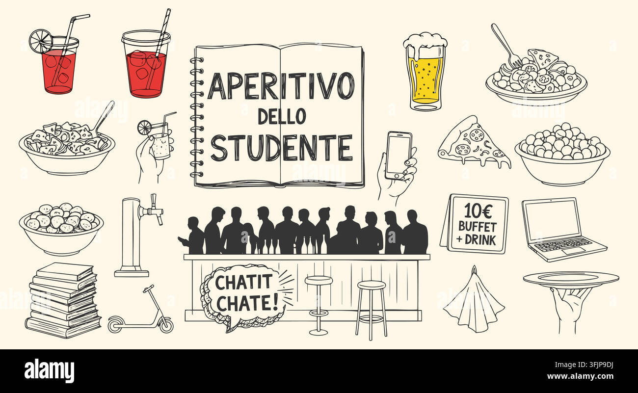 Set di scarabocchi per aperitivo universitario per studenti. Silhouette di banconi da pub, bevande, laptop, pizza, scooter. Per volantini di eventi campus. Grafica vettoriale retrò. Illustrazione Vettoriale