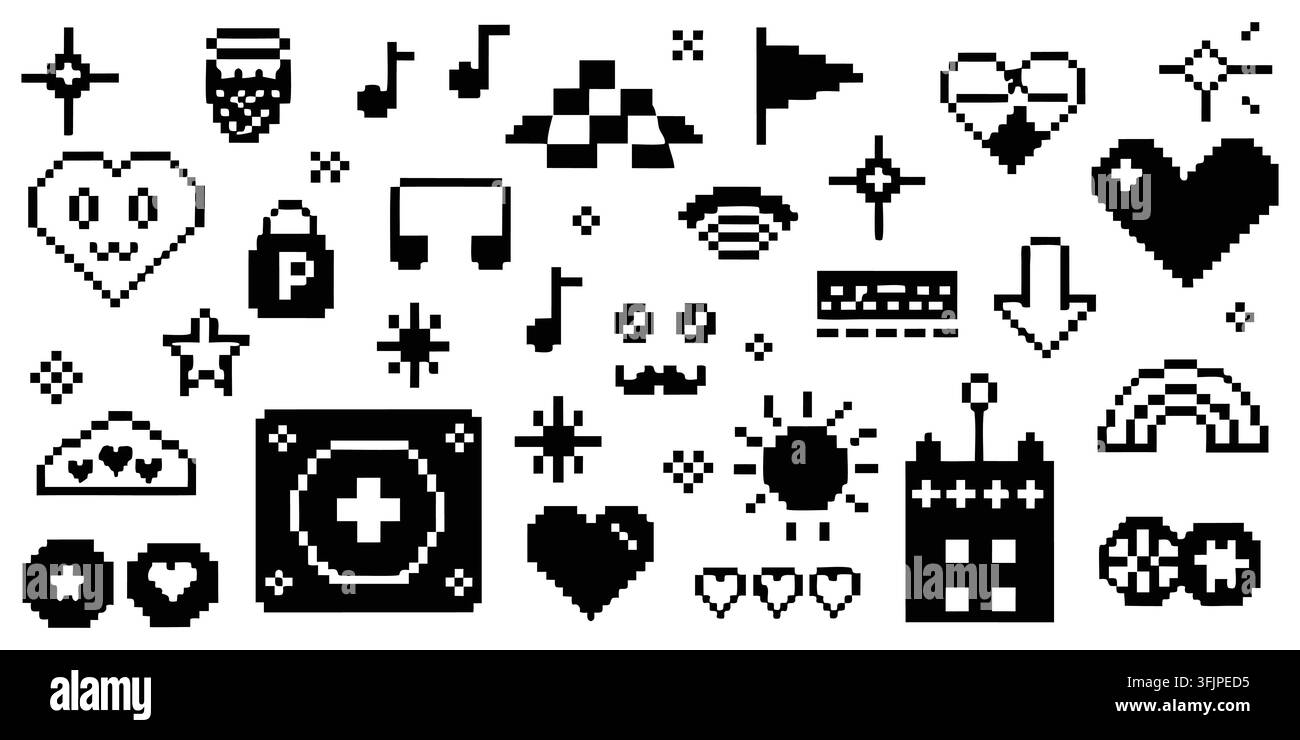 Collezione di icone retrò in pixel art a 8 bit. Cuori, volti, note musicali, stelle, arcobaleni. Interfaccia di videogame arcade, decorazione vintage per computer. Vettori piatti neri. Illustrazione Vettoriale