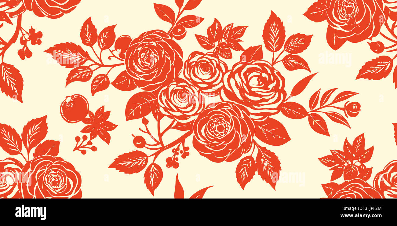 Sfondo a motivi floreali senza cuciture, rose rosse, foglie in silhouette, bacche, boccioli, rami, per inviti di matrimonio, stampa su tessuto, arte vettoriale retrò Illustrazione Vettoriale