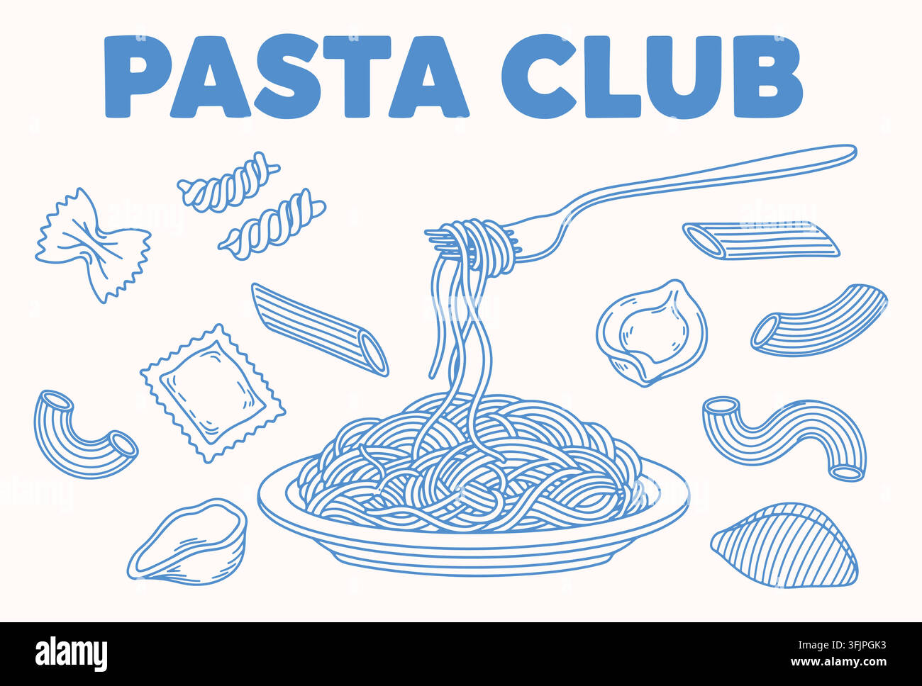 Doodle blu disegnato a mano per un club di pasta italiana. ciotola di spaghetti, torsione della forchetta, maccheroni, forme di farfalle. per menu di cucina italiana. arti grafiche vettoriali minimali. Illustrazione Vettoriale