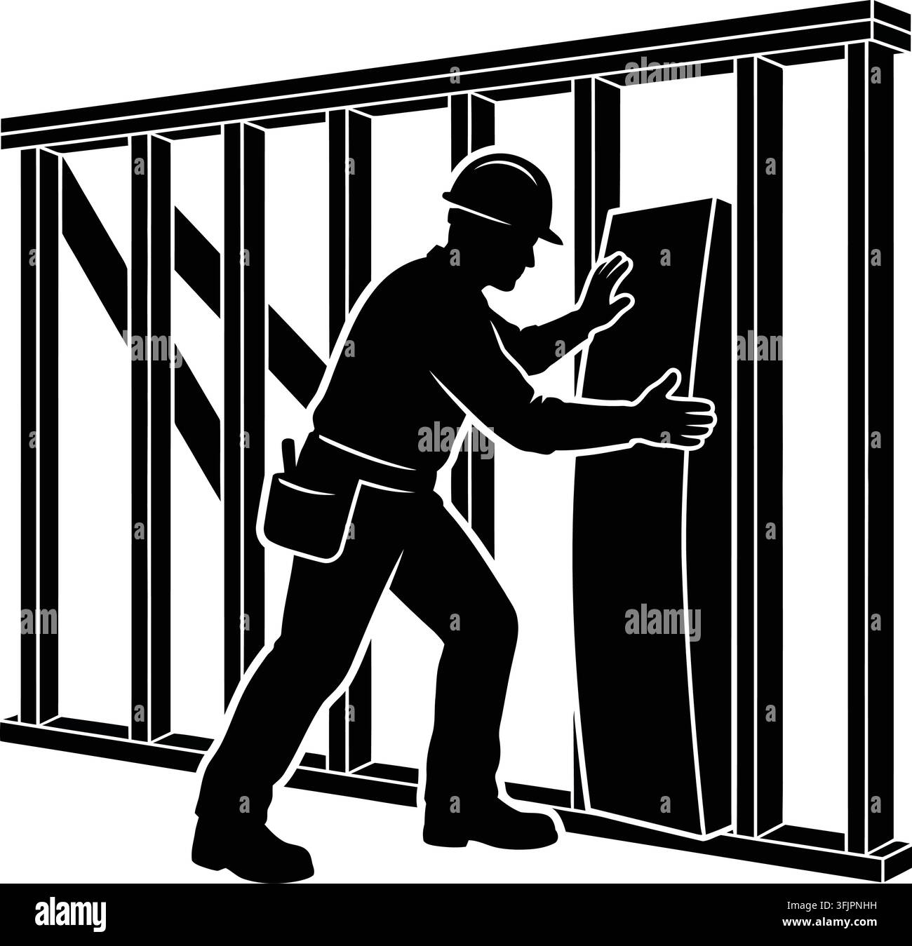 Silhouette di un operaio edile che installa un pannello murale all'interno di una cornice di legno Illustrazione Vettoriale