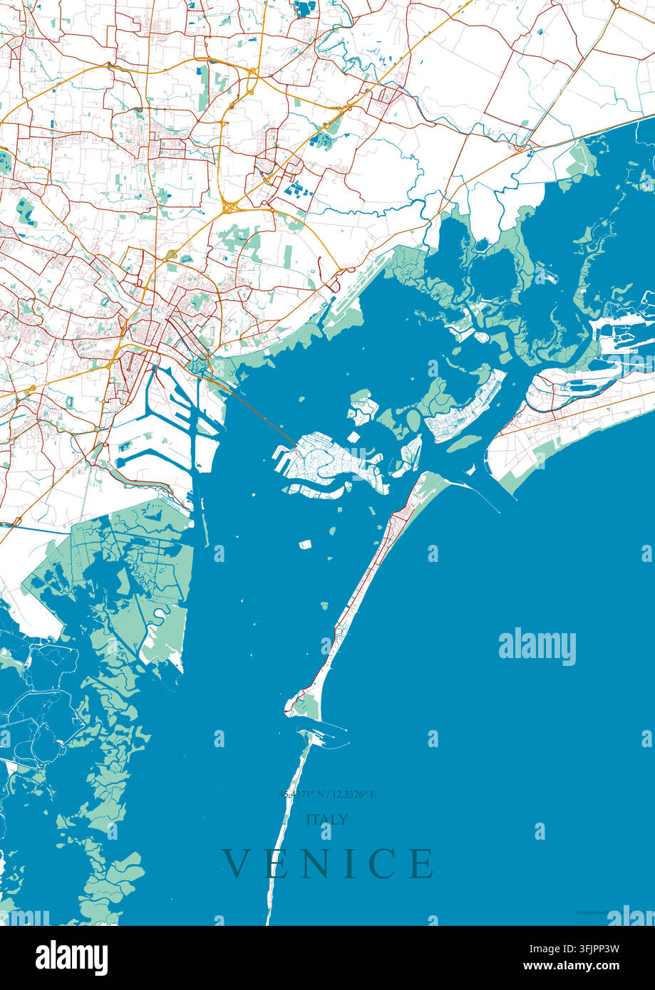 Mappa stradale vettoriale minimalista di Venezia, Italia. Evidenziata con acque costiere verde acqua, lagune insulari e strutture dettagliate di strade sui canali con tipografia Illustrazione Vettoriale