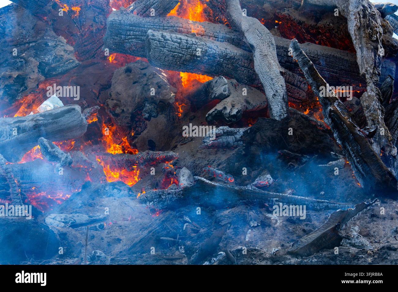 Fiamme arancioni che si alzano tra tronchi in fiamme. Fiamme che si avvolgono attorno al legno annerito. Fiamme sopra brace ardente e cenere. Fiamme gialle brillanti contro Foto Stock