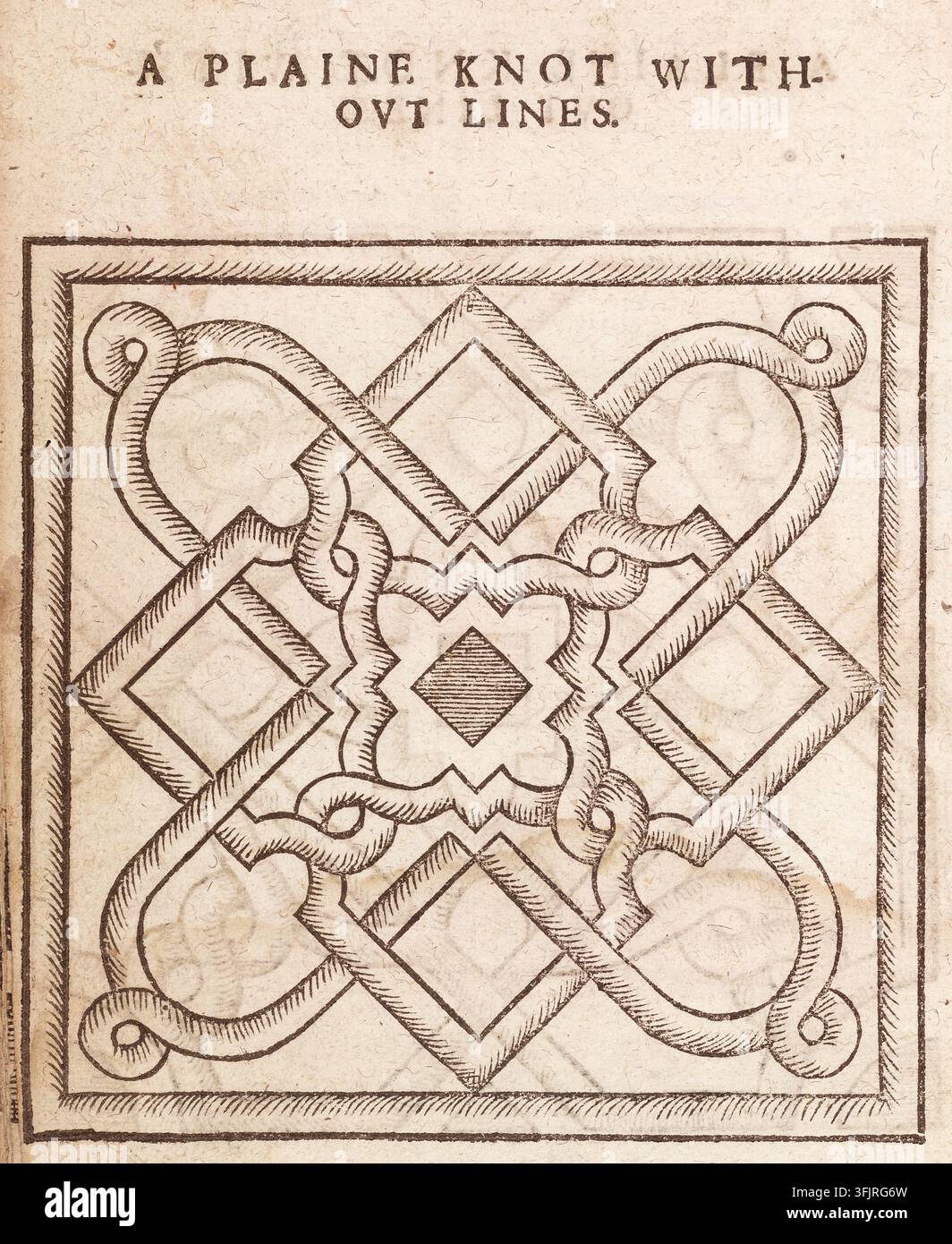 Illustrazione di ex libris raffigurante 39 Il Giardino Un nodo semplice senza linee, dalla collezione 'The orchard and the garden', datato 1602. Un pannello decorativo quadrato con un motivo di nodo intrecciato ornato in linee marrone scuro su uno sfondo beige, che mostra bande a nastro avvolte, forme angolari a diamante, un motivo centrale a forma di fiore e un bordo rettangolare a doppia linea. Disegno a xilografia in bianco e nero per un giardino di nodi. Pagina 39. Xilografia stampata su carta. Dal libro 'The orchard and the garden' stampato da Adam Islip. Foto Stock