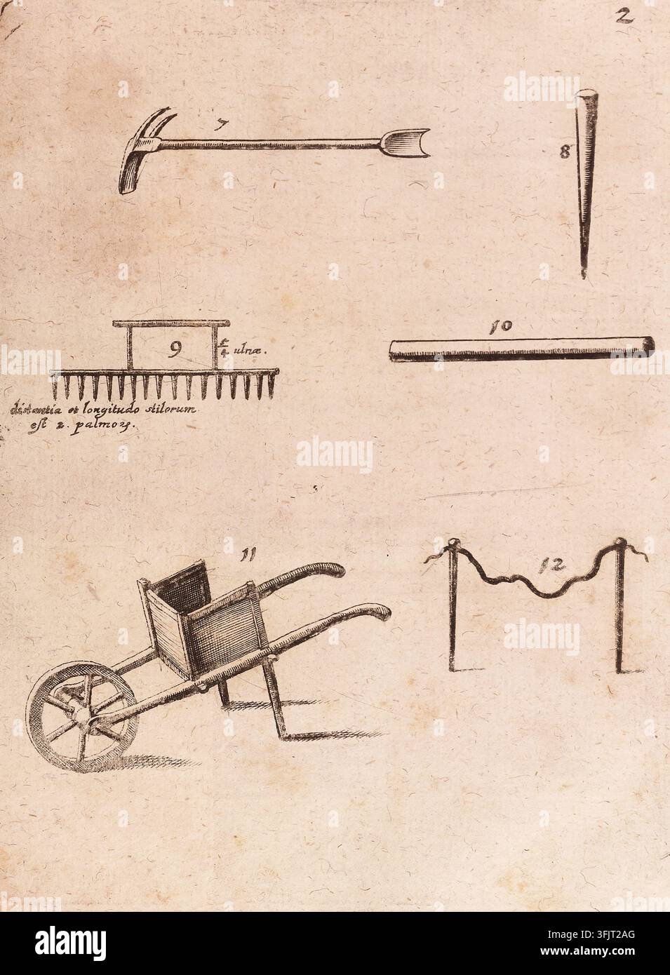 Illustrazione di ex libris raffigurante 2 attrezzi orticoli, dalla collezione Horticultura, datata 1631. Una pagina seppia mostra diversi strumenti e oggetti disegnati a mano, tra cui uno strumento a manico lungo con testa curva, un paletto affusolato, un attrezzo a forma di pettine con manico rettangolare, una bacchetta cilindrica, una carriola con due manici e una ruota a raggi e una corda ondulata sospesa tra due pali, il tutto reso in inchiostro marrone scuro su uno sfondo beige invecchiato. Foto Stock