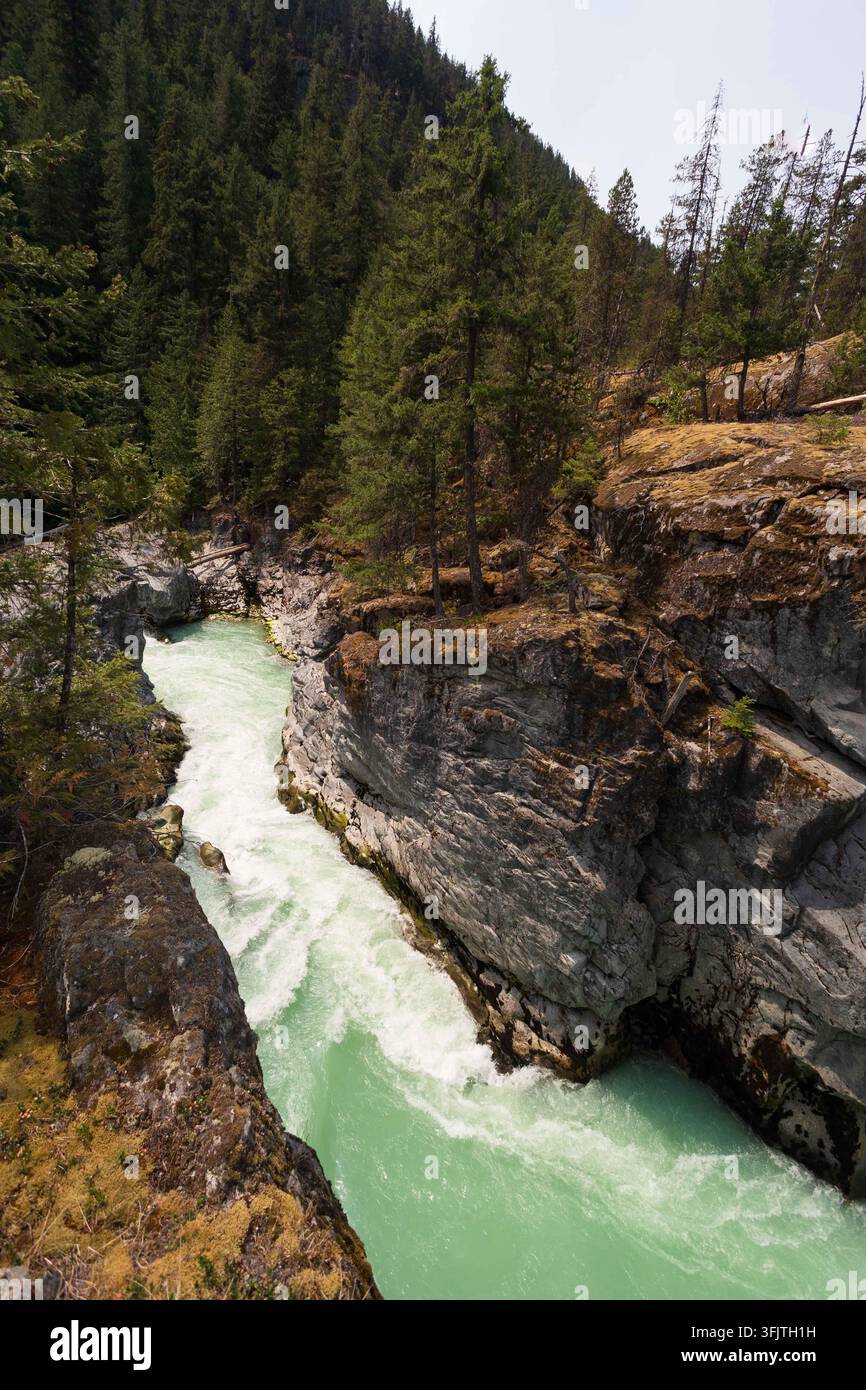 Una cascata mozzafiato che si riversa in acque turchesi vibranti in un parco regionale all'interno della catena montuosa costiera della British Columbia. Circondato da rigoglioso C Foto Stock
