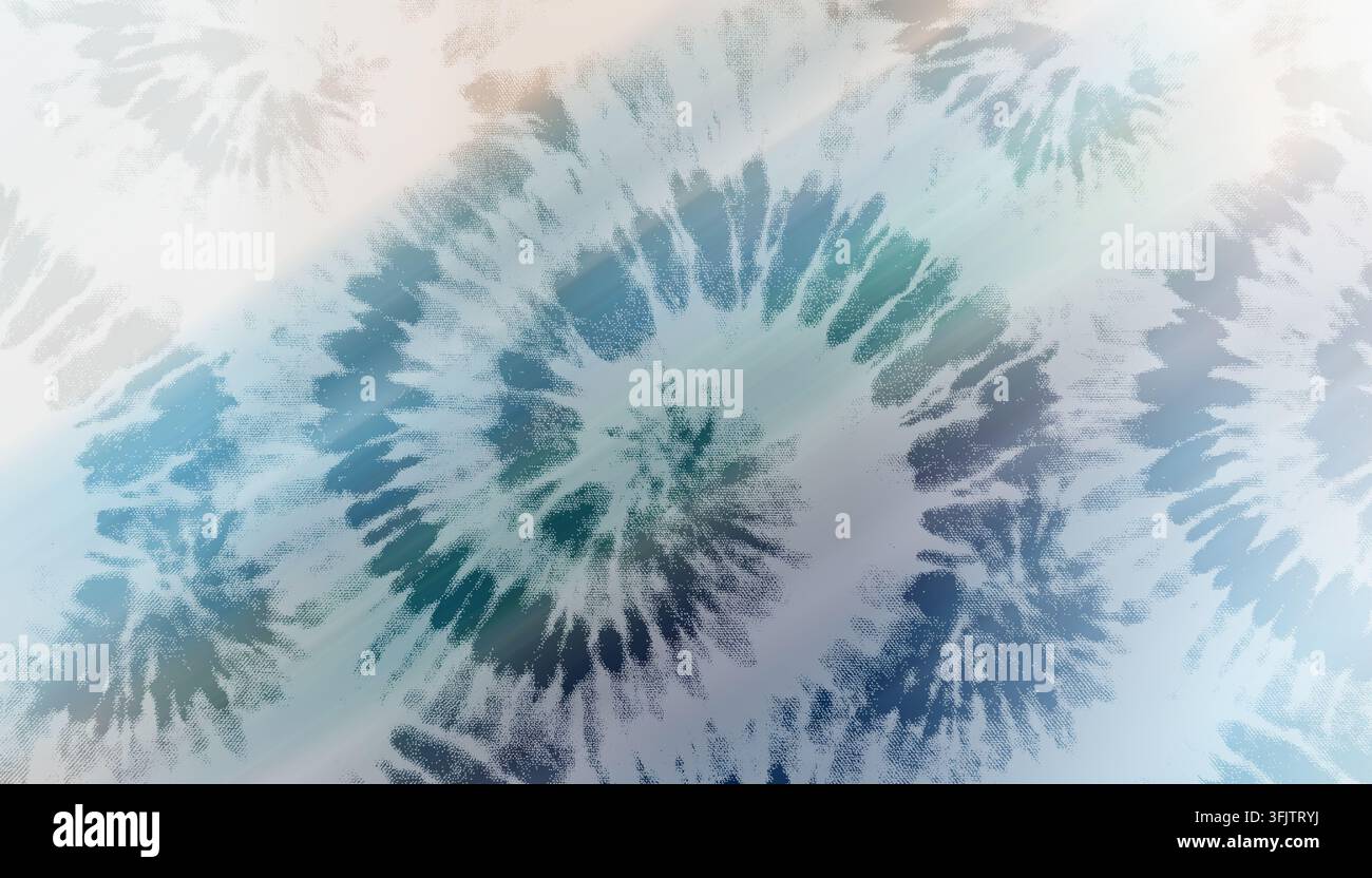 Design tie-dye morbido e arioso con spirali blu e bianche delicate, che crea un'estetica pacifica, sognante e leggera. Foto Stock