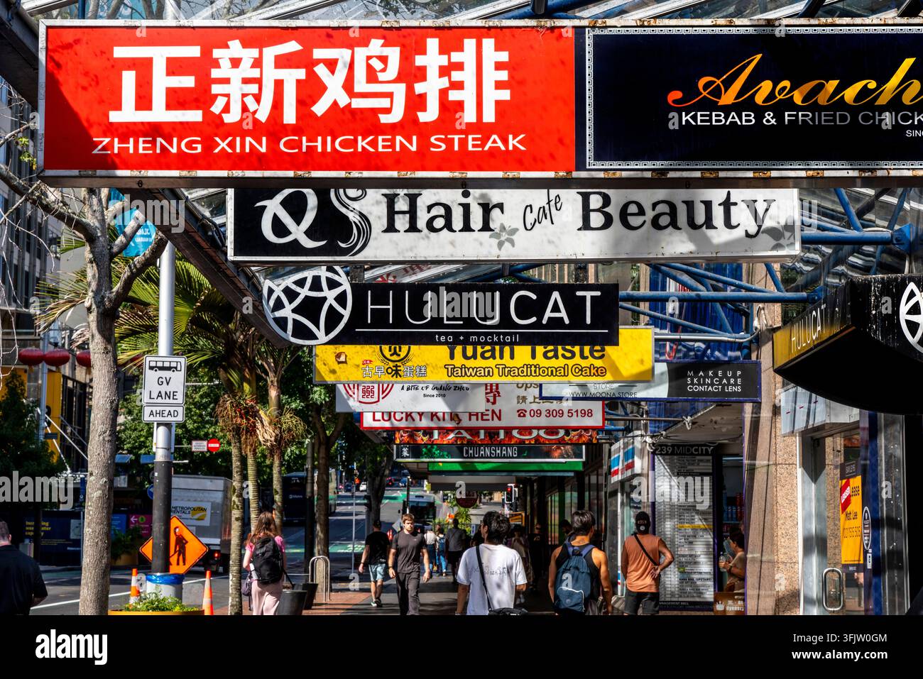 Insegne dei negozi, Queen Street, Auckland CBD, Auckland, Nuova Zelanda. Foto Stock