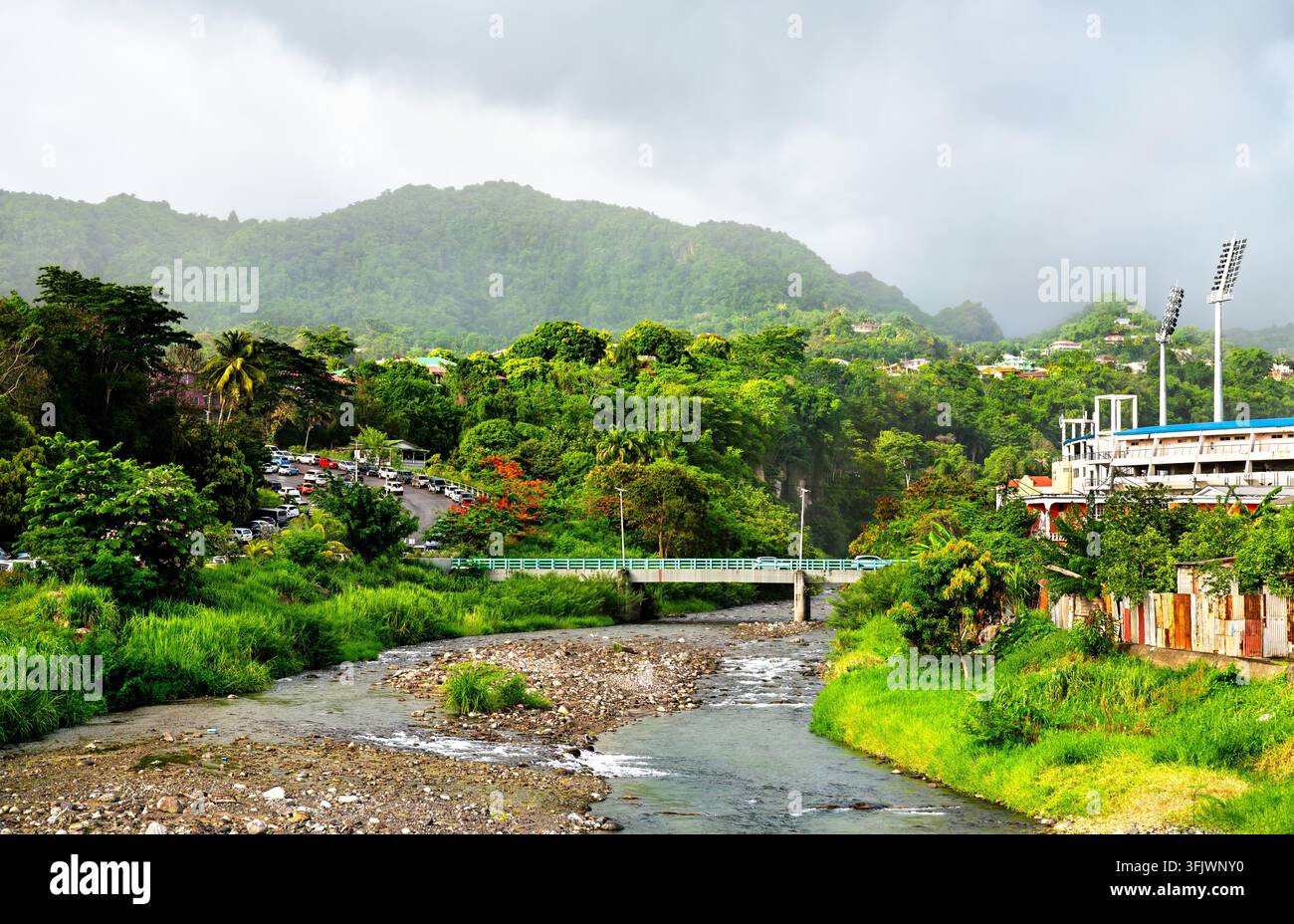 Vista panoramica del fiume Roseau che scorre attraverso colline verdi e lussureggianti verso lo stadio Windsor Park a Roseau, Dominica Foto Stock