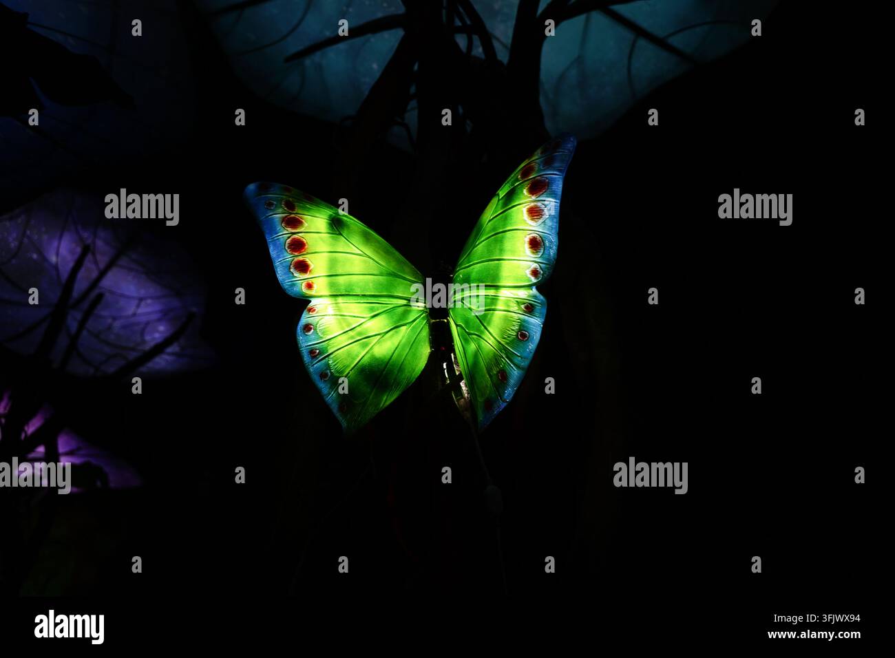 Installazione di farfalle verdi luminose nel buio Foto Stock