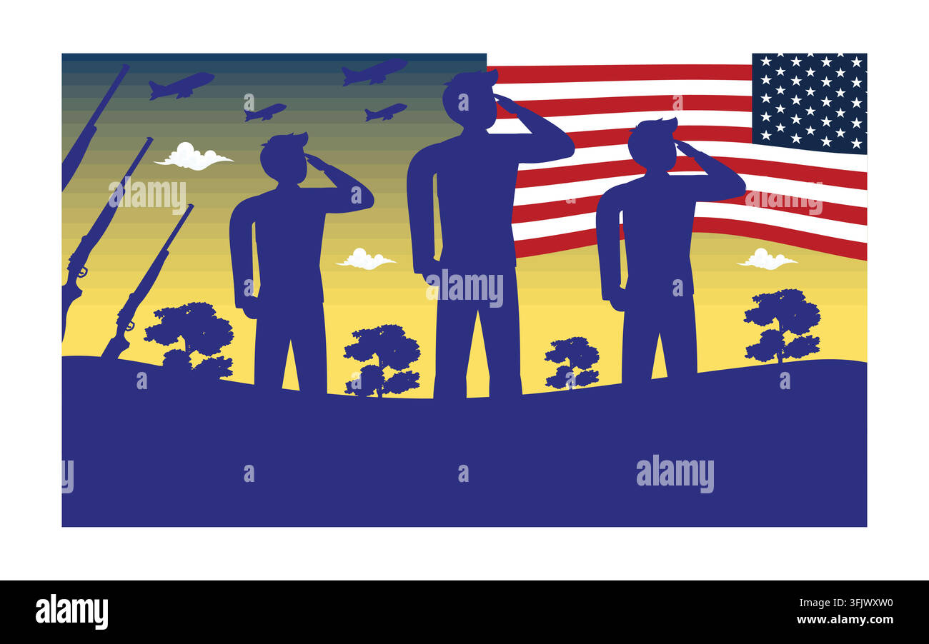 Silhouetti di soldati dell'esercito con bandiera USA. Biglietto di auguri per Veterans Day, Memorial Day, Independence Day. Concetto delle forze armate. vettore piatto moderno Illustrazione Vettoriale