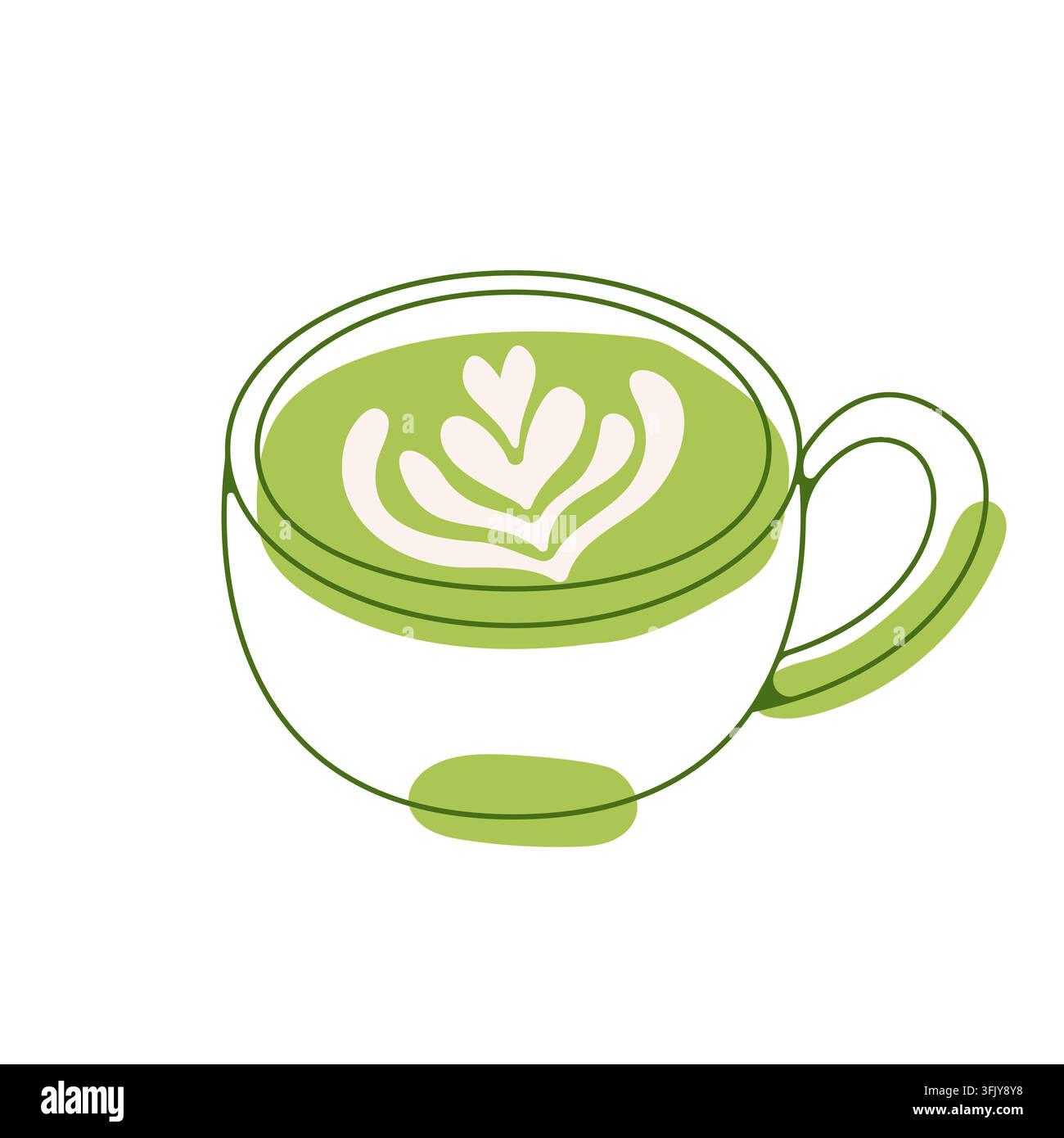 Tazza di tè matcha latte con schiuma a forma di cuore in arte lineare verde, concetto di bevanda giapponese, illustrazione vettoriale disegnata a mano. Illustrazione Vettoriale