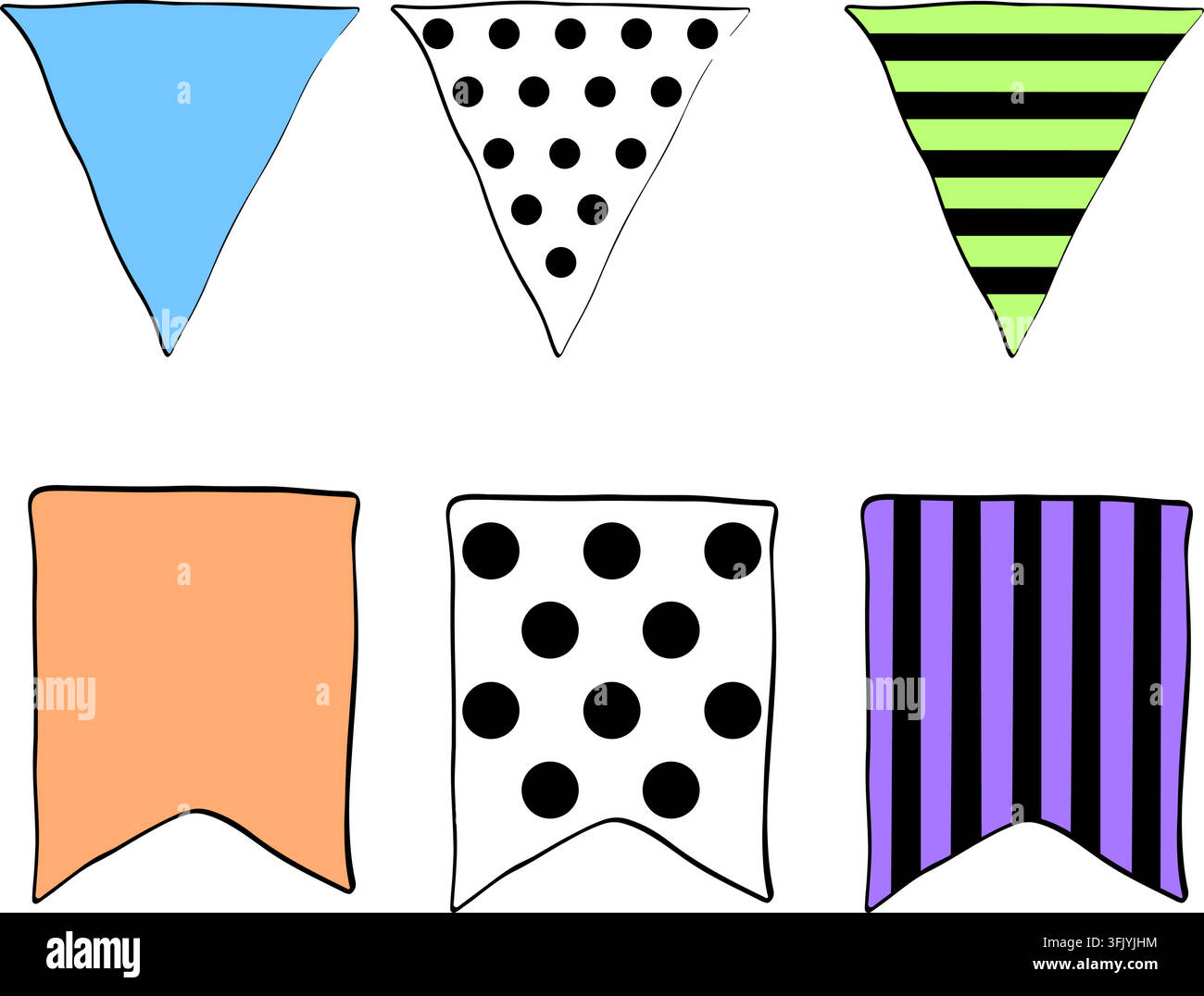 Ghirlanda decorativa a bandiera in stile doodle per la decorazione di eventi. Icona isolata, illustrazione disegnata a mano. Grafica vettoriale a tratto d'inchiostro. Ghirlanda di bandiere in contorno Illustrazione Vettoriale