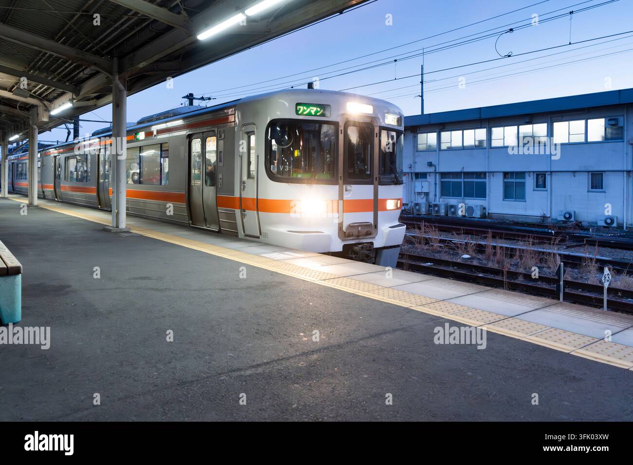Un treno della serie 313 di JR Central aspetta in una stazione della linea Minobu in Giappone al crepuscolo, operando con equipaggio monouomo per il transito locale di passeggeri. Foto Stock