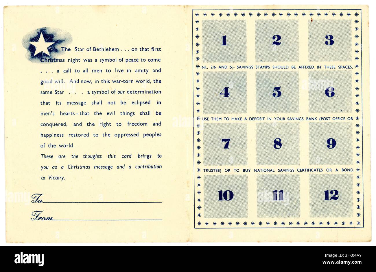 Biglietto di risparmio nazionale patriottico britannico dell'era WW1 WWi, carte regalo, con scatole numerate per francobolli, Circa 1942, Regno Unito Foto Stock