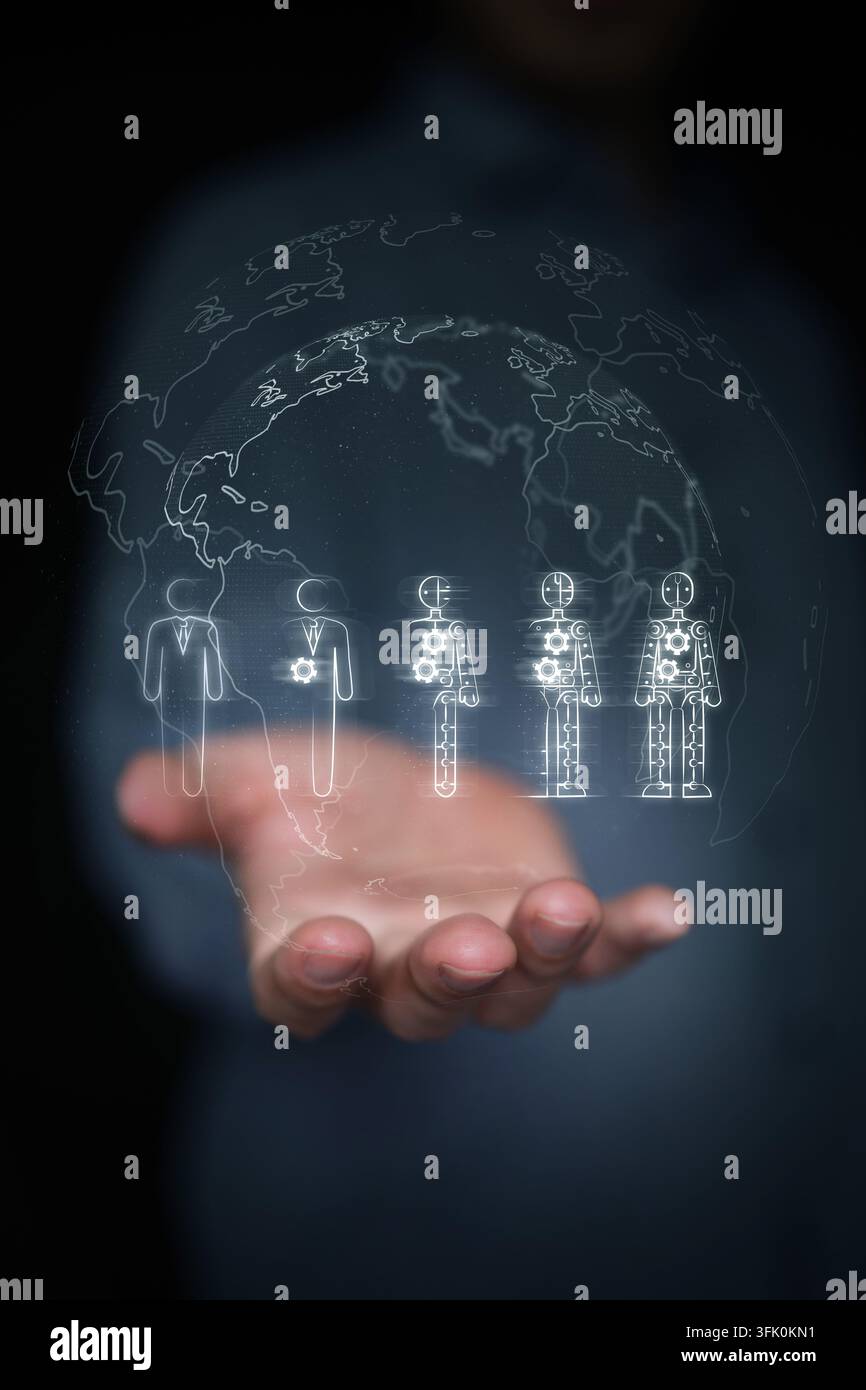 Mano che tiene un globo con l'evoluzione dall'uomo al robot. Distruzione globale dell'intelligenza artificiale, automazione mondiale della forza lavoro, trasformazione del lavoro digitale con l'IA Foto Stock