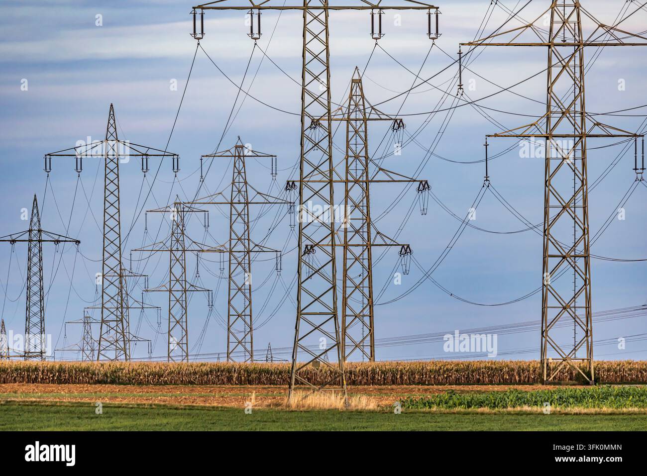 Pali ad alta tensione, linea aerea vicino a Markgroeningen. Palo a traliccio in acciaio. Markgroeningen, Baden-Württemberg, Germania Foto Stock