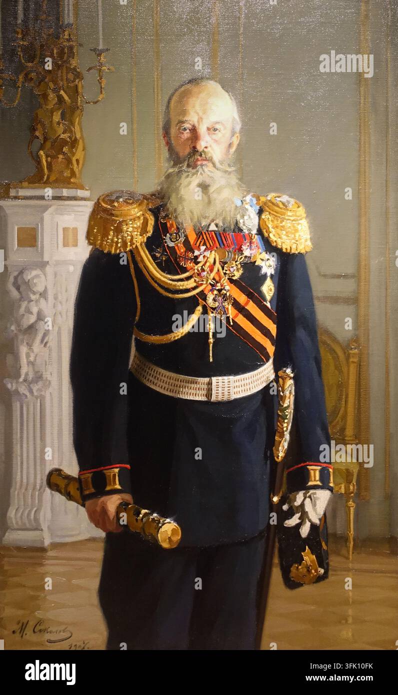 Ritratto del Gran Duca Mikhail Nikolaevich (1832-1909). 1907. Mikhail Sokolov (1875-1953). Olio su tela. Dall'Assemblea degli Ufficiali del Reggimento dei Granatieri a Cavallo della Guardia di Vita. Museo Storico dello Stato. Foto Stock