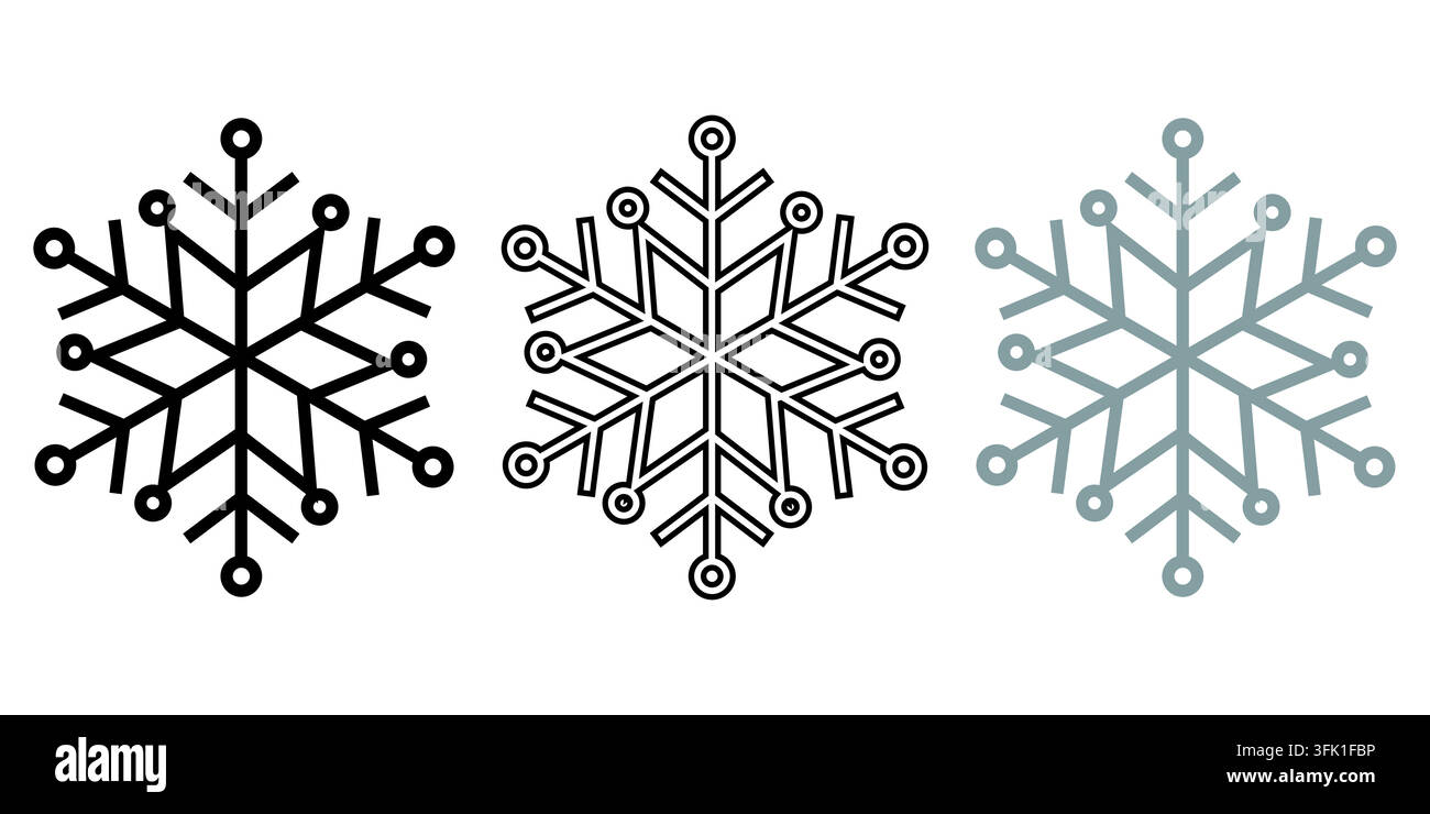 Un set di icone a forma di fiocco di neve versatile e professionalmente realizzato, caratterizzato da una combinazione a doppio stile di silhouette solida e linee pulite. Illustrazione Vettoriale