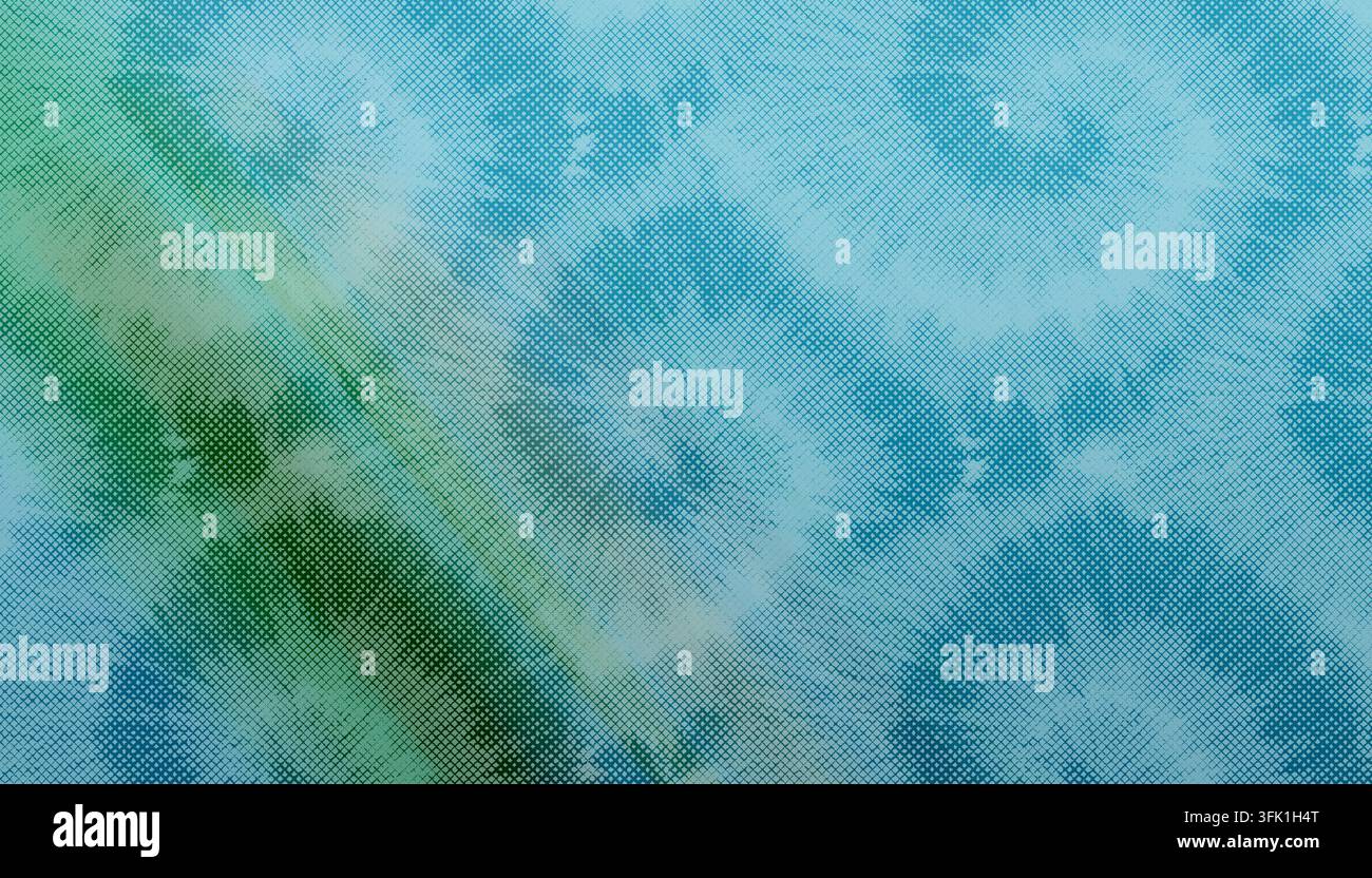 Uno sfondo in tessuto tie-dye blu e verde vivace con una piega diagonale e una texture a croce distinta in tutto il design. Foto Stock