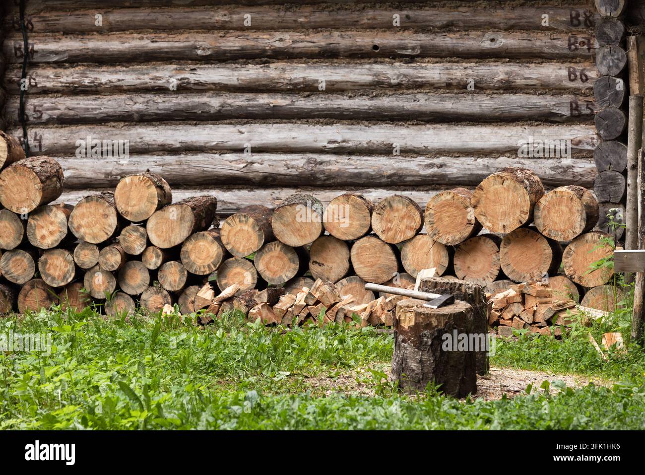 Legna da ardere impilata e tronchi spaccati si trovano contro una rustica baita di tronchi con un'ascia appoggiata su un ceppo, l'erba verde in primo piano suggerisce l'esterno Foto Stock
