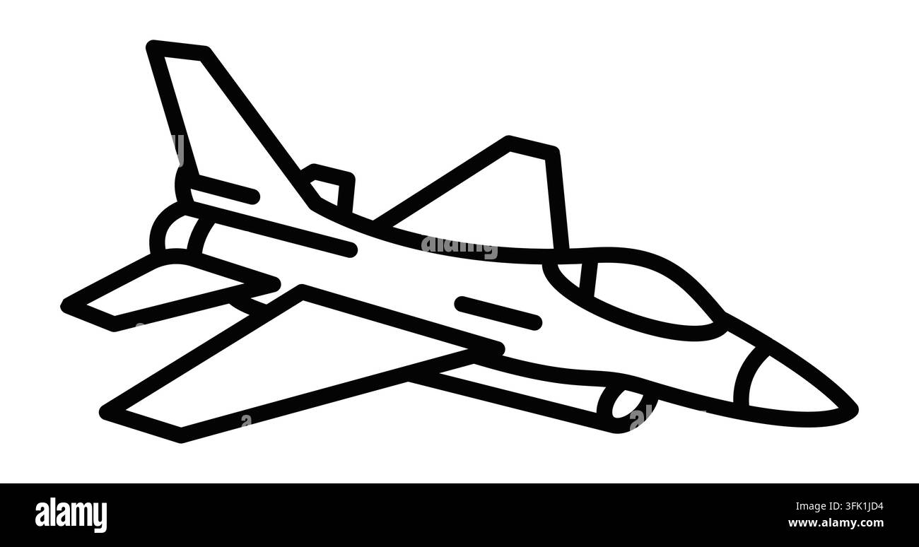 Un disegno in bianco e nero di un jet da combattimento. Il jet è posizionato al centro dell'immagine ed è l'elemento principale. Tratto modificabile Illustrazione Vettoriale